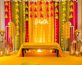 Haldi/Mehndi function Backdrop set ( Curtains + props) | Multicolor Tassels | Indian wedding Stage Decoration