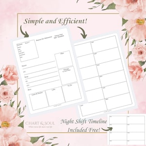 May include: Two white nursing report sheets with a pink floral background. One sheet has sections for patient information, neuro, CV, Resp, GI, GU, Skin, Lines & Drains, and Labs. The other sheet is a night shift timeline. Text reads "Simple and Efficient!" and "Night Shift Timeline Included Free!"