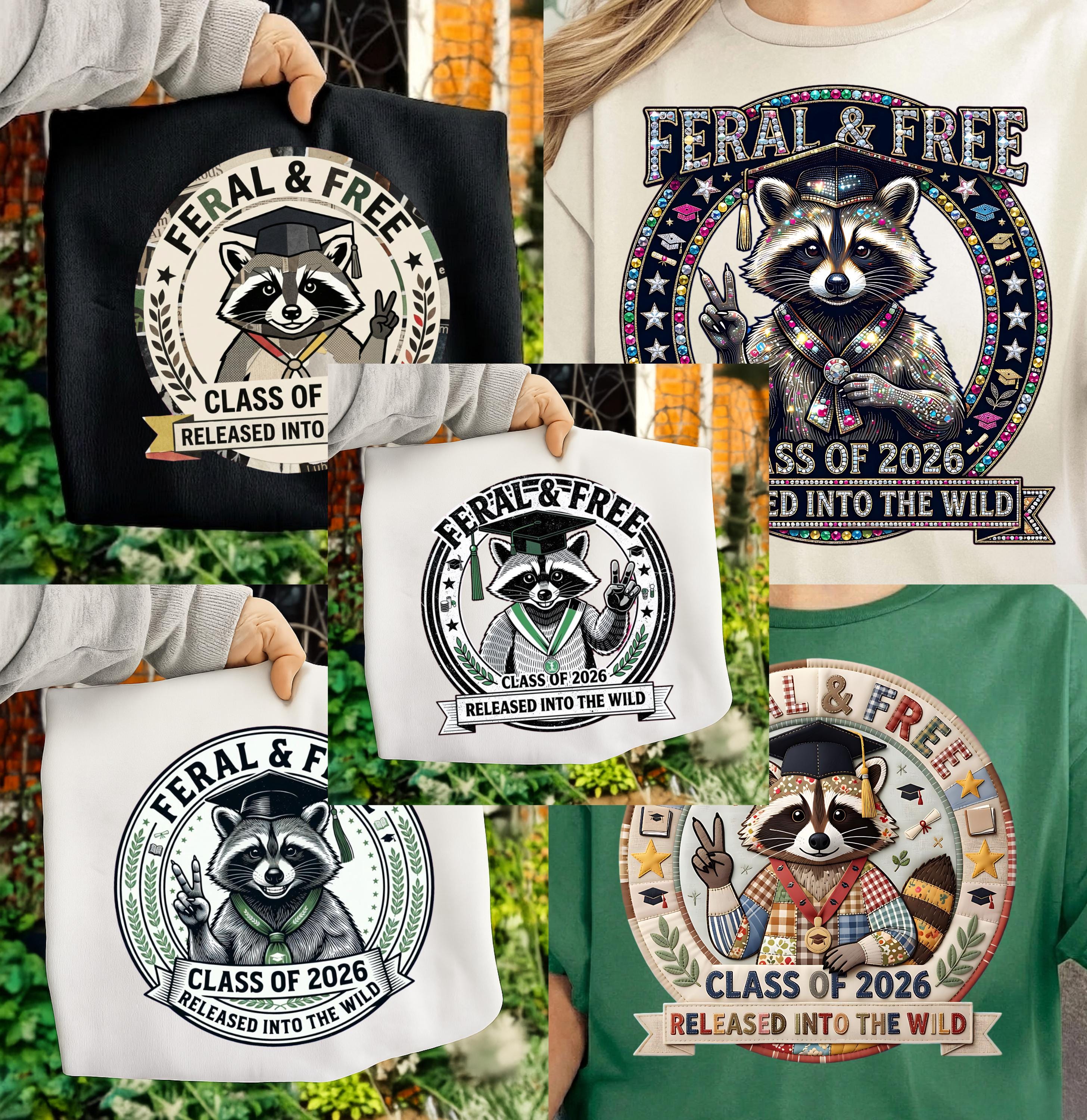 Senior Racoon Feral & Free Class of 2026 PNG Bundle · Funny Graduation Sublimation ...