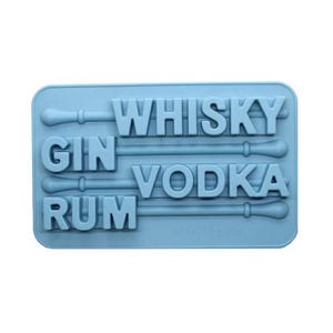 May include: A light blue silicone ice cube tray with the words "WHISKY", "GIN", "VODKA", and "RUM" in raised letters. The tray has a rectangular shape with rounded edges and is designed to make ice cubes in the shape of cocktail sticks.