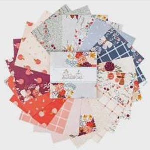 Könnte beinhalten: Kreisförmige Anordnung von Stoffquadraten mit verschiedenen floralen und geometrischen Mustern. Die Farbpalette umfasst Rot-, Rosa-, Blau- und Cremetöne. Eine zentrale Karte zeigt Blumendesigns und das Wort "Botanicals".