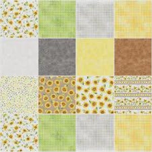 Könnte beinhalten: Ein Patchwork-Quilt-Quadrat mit sechzehn verschiedenen Stoffmustern. Die Muster umfassen Sonnenblumen, grünes Vichy und verschiedene Texturen in Gelb-, Weiß- und Brauntönen.