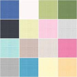 Könnte beinhalten: Ein Raster aus sechzehn Stoffmustern in verschiedenen unifarbenen Farben. Die Farben umfassen Blau, Weiß, Grün und Rosa, wobei in jedem Quadrat eine strukturierte Webart sichtbar ist. Die Muster sind in einem Vier-mal-Vier-Raster angeordnet.