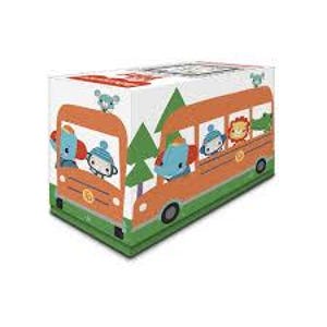 Könnte beinhalten: Eine weiße rechteckige Box mit einem orangefarbenen Schulbus-Design und Cartoon-Tierpassagieren. Die Box hat grüne Akzente an der Basis und oben, mit Cartoon-Bäumen und -Figuren.