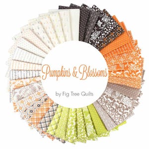 May include: A circular arrangement of fabric squares in various patterns and colors, including white, orange, green, and brown. The text "Pumpkins & Blossoms" and "by Fig Tree Quilts" are visible in the center.