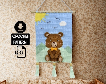 Häkelmuster für Bären-Wandbehang | PDF-Häkelmuster für Intarsien-Wandteppiche | Kinderzimmerdeko | DIY-Amigurumi-Bärenbanner