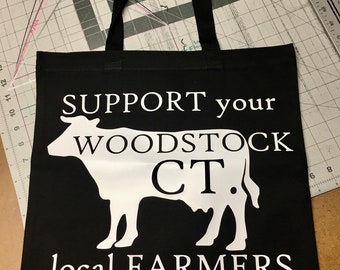 Canvas Cotton Tote Bag-Shopping Bag-Support Local Farmers-Woodstock-Black with White