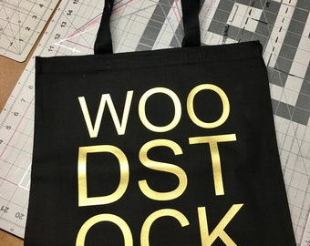 Canvas Cotton Tote Bag- Shopping Bag- WOO DST OCK Black with Gold