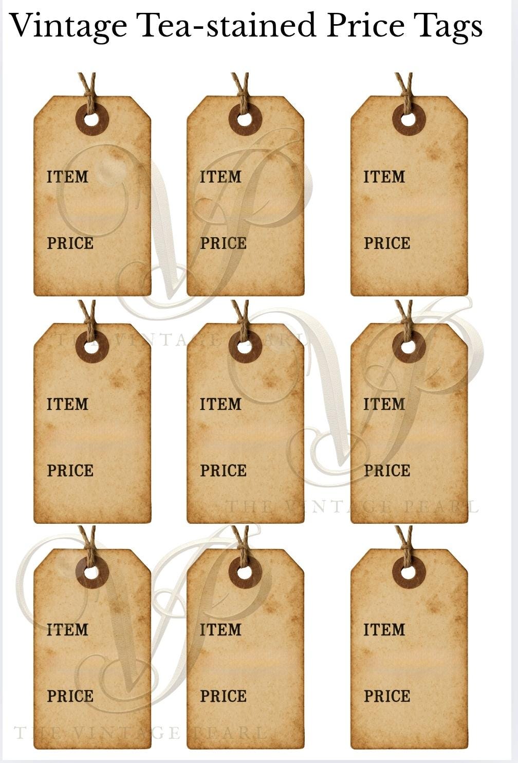 Vintage Tea-stained Price Tags Printable: Antique Booth Labels (instant ...