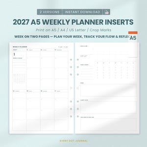 May include: 2027 A5 weekly planner inserts featuring a week-on-two-pages layout. The white paper includes sections for weekly focus, habit tracking, wins, carry over, and a one-line summary. Text includes 2027 A5 WEEKLY PLANNER INSERTS.