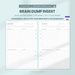May include: A digital brain dump planner insert featuring two white pages with grid layouts divided into four quadrants labeled Work/Project, Life/Routine, Relationships/Connections, and Self/Inside. Includes month and date trackers at the top.