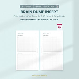 May include: A digital brain dump planner insert featuring two white pages with grid sections labeled Work/Project and Life/Routine. The text reads Brain Dump, Clear Your Mind, One Thought At A Time, and Every Dot Journal. Includes a small PN tab.