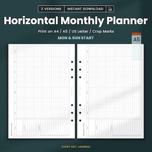 A5 Horizontal Monthly Planner Printable Landscape Monthly Insert Vertical Grid Goal Tracker PDF