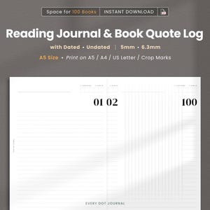 May include: A white Reading Journal & Book Quote Log with the text "Space for 100 Books" and "Instant Download". The journal includes sections for dated and undated entries, with 5mm and 6.3mm spacing. It is A5 size and designed for printing on A5, A4, or US Letter paper.