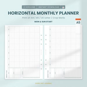 Inserto para planificador mensual horizontal A5, cuadrícula de puntos vertical, rastreador de objetivos imprimible