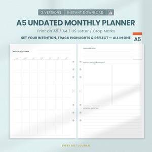 May include: A digital A5 undated monthly planner template featuring a calendar grid on the left page and sections for intention, focus, monthly curation, highlights, reflection, and next steps on the right page, with punch holes for binder rings.