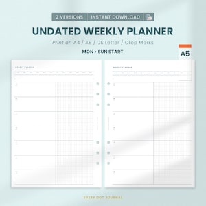 Dark Green Weekly Planner Insert A5, Undated Dot Grid Layout, Printable PDF, 6-Ring Binder