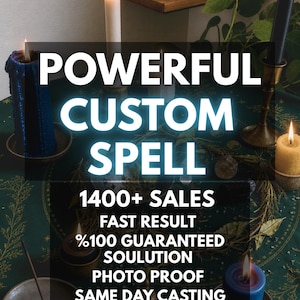 May include: A dark green cloth with gold celestial patterns, surrounded by various lit candles in blue, white, black, and yellow, with incense and small metal objects. Text reads: POWERFUL CUSTOM SPELL, 1400+ SALES, FAST RESULT, %100 GUARANTEED SOULUTION, PHOTO PROOF, SAME DAY CASTING.