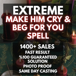 Könnte beinhalten: Eine Ansammlung brennender roter und violetter Kerzen auf einem dunkelgrünen Tuch mit goldenen Mustern. Der Text lautet: EXTREME MAKE HIM CRY & BEG FOR YOU SPELL, 1400+ SALES, FAST RESULT, %100 GUARANTEED SOLUTION, PHOTO PROOF, SAME DAY CASTING.