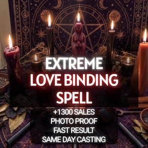 Op de afbeelding: Een verzameling brandende kaarsen in diverse tinten rood, zwart en oranje, geplaatst op een donkerpaarse doek met gouden hemelse patronen. Een centrale rode kaars heeft de vorm van een figuur. De tekst luidt: EXTREME LOVE BINDING SPELL +1300 SALES PHOTO PROOF FAST RESULT SAME DAY CASTING.