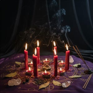 Pu&ograve; includere: Una collezione di candele rosse a colonna e lumini disposti in cerchio su un panno viola con motivi circolari dorati. Le candele sono accese e producono volute di fumo visibili. Sparsi intorno ci sono cristalli trasparenti e foglie secche.