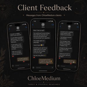 Pu&ograve; includere: Tre smartphone che mostrano conversazioni tramite messaggi di testo sotto l'intestazione Client Feedback e il testo Messages from ChloeMedium clients. Gli schermi mostrano testimonianze di clienti chiamati Alexandra, Jessica e Maya su letture psichiche.