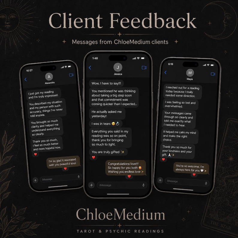 Pu&ograve; includere: Tre smartphone che mostrano conversazioni tramite messaggi di testo sotto l'intestazione Client Feedback e il testo Messages from ChloeMedium clients. Gli schermi mostrano testimonianze di clienti chiamati Alexandra, Jessica e Maya su letture psichiche.