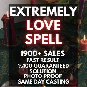 May include: A collection of lit candles in shades of red, pink, and purple arranged on a dark green cloth with gold botanical patterns. Text overlay reads: EXTREMELY LOVE SPELL, 1900+ SALES, FAST RESULT, %100 GUARANTEED SOLUTION, PHOTO PROOF, SAME DAY CASTING.