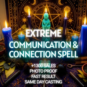 Könnte beinhalten: Eine Ansammlung blauer Kerzen um eine zentrale türkisfarbene Figur auf einem dunkelvioletten Tuch mit goldenen Himmelsmustern. Der Text lautet: EXTREME COMMUNICATION & CONNECTION SPELL, +1300 SALES, PHOTO PROOF, FAST RESULT, SAME DAY CASTING.
