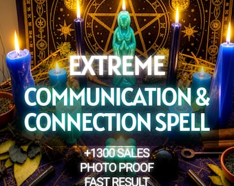 Può includere: Una collezione di candele blu disposte attorno a una statuetta centrale color verde acqua su un panno viola scuro con motivi celesti dorati. Il testo recita: EXTREME COMMUNICATION & CONNECTION SPELL, +1300 SALES, PHOTO PROOF, FAST RESULT, SAME DAY CASTING.