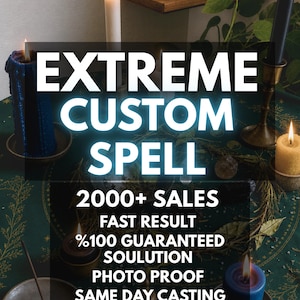 May include: A dark green altar cloth featuring gold celestial patterns, surrounded by various lit candles in blue, black, white, and yellow, with incense and crystals. Text reads: EXTREME CUSTOM SPELL, 2000+ SALES, FAST RESULT, %100 GUARANTEED SOULUTION, PHOTO PROOF, SAME DAY CASTING.