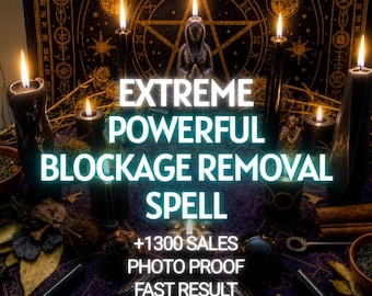 Può includere: Una tovaglia da altare viola scuro con simboli celesti dorati, con diverse candele nere, una statuetta scura centrale e foglie secche sparse. Il testo recita: EXTREME POWERFUL BLOCKAGE REMOVAL SPELL, +1300 SALES, PHOTO PROOF, FAST RESULT, SAME DAY CASTING.
