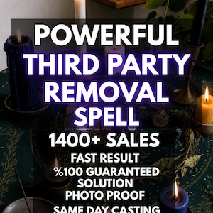 May include: A dark green cloth with gold botanical patterns, surrounded by several lit candles in various colours including blue, white, yellow, and black. The text reads: POWERFUL THIRD PARTY REMOVAL SPELL, 1400+ SALES, FAST RESULT, %100 GUARANTEED SOLUTION, PHOTO PROOF, SAME DAY CASTING.