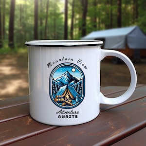 Mountain View Enamel Camping Mug: Adventure Awaits, 12oz