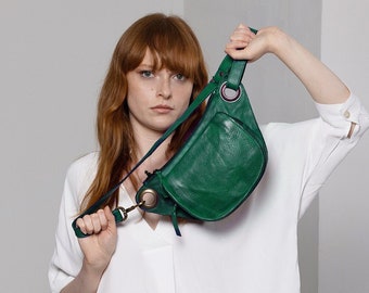 Bolso de cinturón bandolera de cuero italiano verde bosque para mujer, bolso de viaje Sling cuero de grano completo, bolso de cinturón de viaje de cuero suave verde bosque