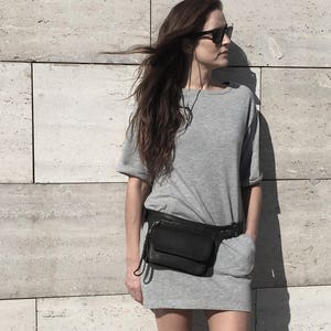 Small Hip Bag Black Soft Leather – Minimalist Waist Bag – Festival Belt Bag – Utility Belt – Flap Party Bag – Black Leather Bum Bag Festival
