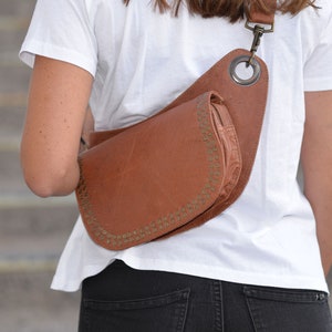 Waist Bag & crossbody Bag in Natural Brown Tan Leather with metallic studs.Leather Fanny Pack in Natural tan leather. Waist Pack