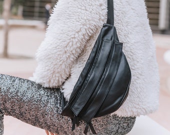 Modern Style leather Crossbody Sling Bag, Elegant feminine Lamb Skin Bag, Slouchy Leather Hobo Bag, Black Soft Leather banana bag, Party Bag