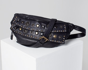 Studded Italian Leather Steampunk Belt Bag: Crossbody Waist Purse