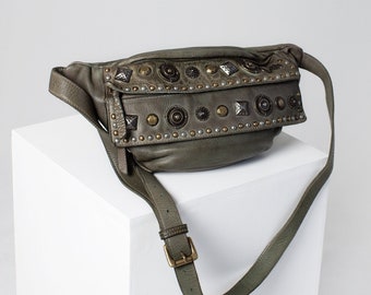 Olive Green Tanned Womens Designer Shoulder Bag, Embellished Elegant Leather Studded Sling Pouch bag, Italian Tan Leather Slouchy Hobo Bag