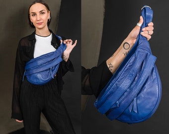 Sling Belt Bag Blauw Leer, Crossbody Pouch, Ideale reistas, Veelzijdige Bum tas, Oversized Fanny Pack Zacht leer, Trendy Blauwe riem tas