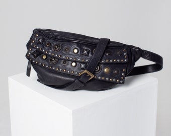 Rock Embellished Designer bag in Black Vegetable Tanned Italian, Edgy Leather Crossbody bag, Elegant Studded Sling bag, Italian Leather Hobo