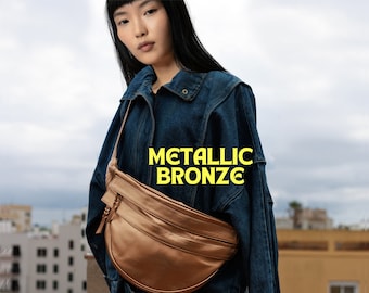 Women's Metallic Hobo Bag, Metallic Purse, Bronze Slouchy leather Crossbody Bag, Metallic Leather Sling Bag, Cupper Leather Banan Bag, Purse