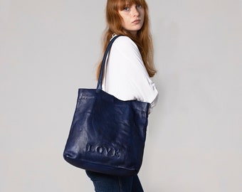 Grained Leather Tote bag, Blue Large Shopper bag, Laptop Leather Bag Italian Leather, Oversize Blue leather Tote, Minimal XL Tote Purse