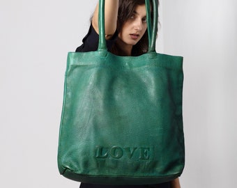 Bolso tote de cuero verde bosque, bolso shopper de cuero verde esmeralda, bolso grande, bolso de hombro para mujer, bolso de fin de semana de cuero italiano verde