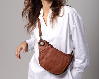 Natural Tan Slouchy Italian leather Crossbody sling belt Bag for women, Travel Sling bag cognac Brown Leather, Italian travel belt bag her