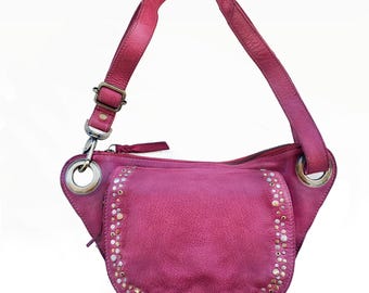 Burgundy Leather Sling Bag for Festivals, Travel & City Style — Italian Leather Crossbody Fanny Pack —Mini studs Side Purse adjustable strap