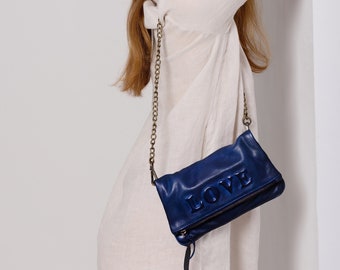 Women’s Evening Purse with chain, Elegant Blue leather Night Folded Clutch, Rock Party Clutch Electric Blue, Edgy Evening Shoulder Chain Bag