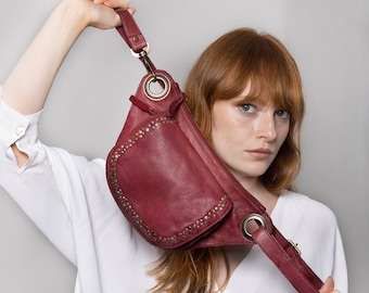 Burgundy Leather Crossbody Bag: Italian Leather Fanny Pack with Detachable Strap