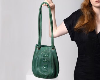 Bolso cubo de cuero verde bosque, bolso con cordón, bolso de cuero italiano, bolso de hombro cubo, regalo para ella, bolsos de diseñador de mujer, bolso de regalo